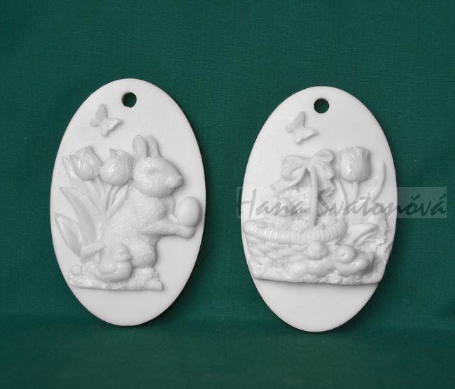 Relief Ovál závěs - Zajíc/Košík s pomlázkou, vel 5,3x8,2cm