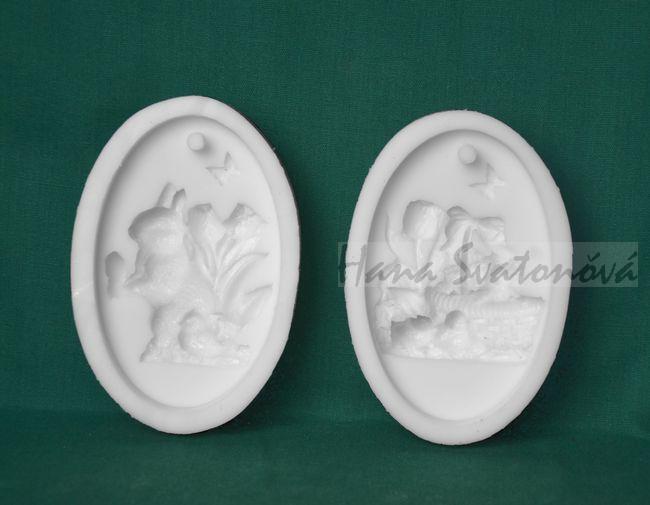 Relief Ovál závěs - Zajíc/Košík s pomlázkou, vel 5,3x8,2cm